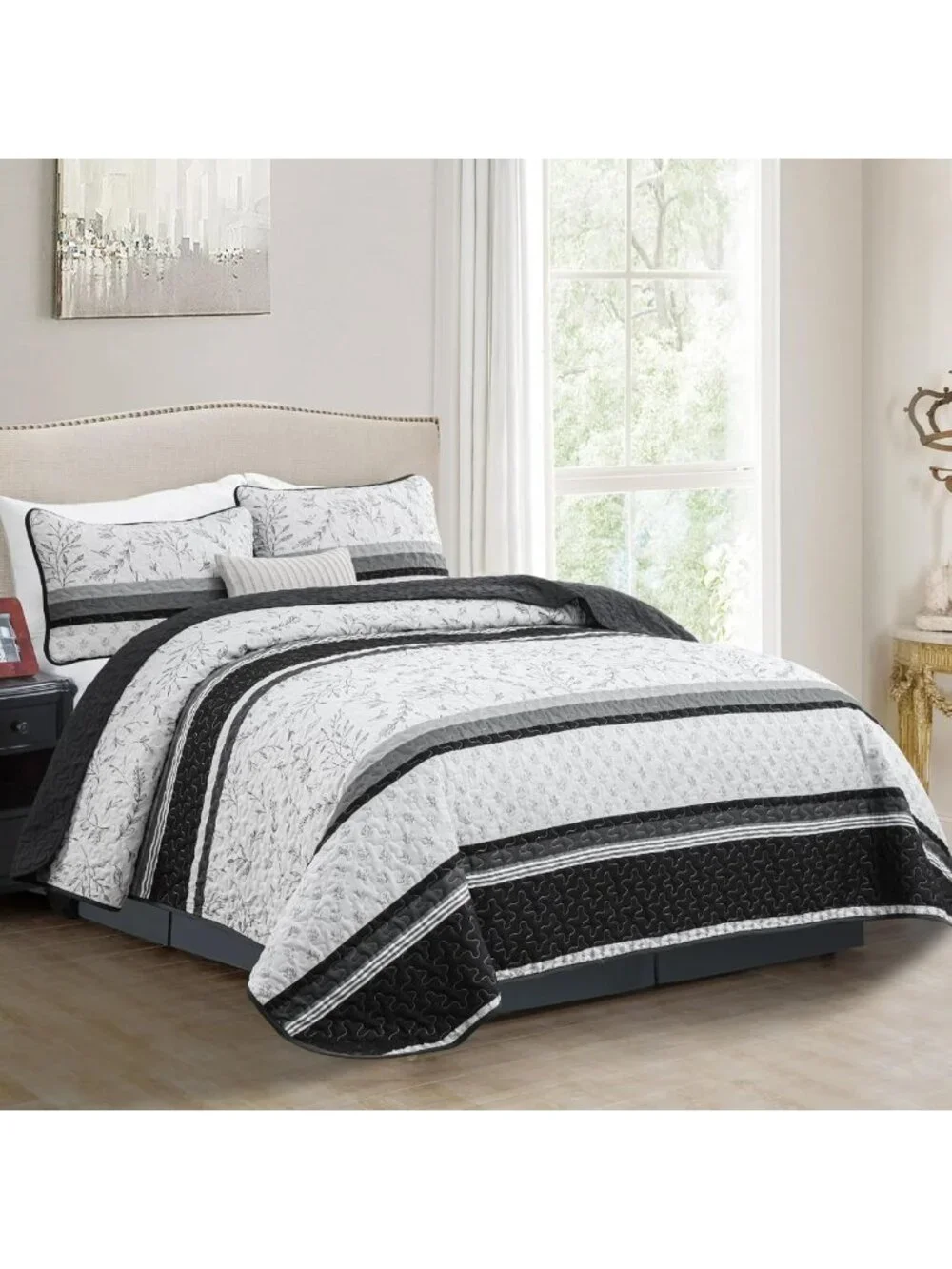 Boho Black Striped Queen Quilt Set, Lightweight Patchwork Bedspread & 2